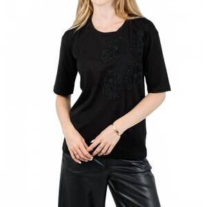 NEW LEO UGO ines floral bead detail short sleeve tee in black